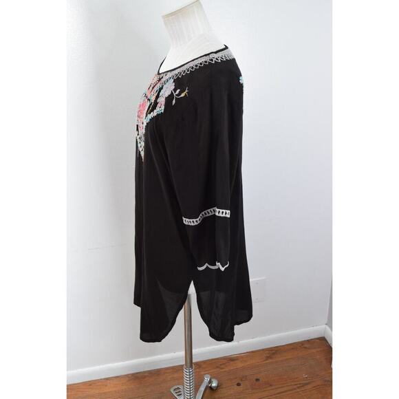 Johnny Was Embroidered Tunic Medium Top Black Brazilia Floral Boho - Picture 2 of 5